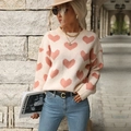 Chic cream crewneck sweater with pink heart pattern and casual street style look - S / Pink