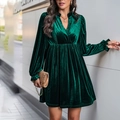 Robe mini élégante en velours vert foncé à col en V avec manches longues à volants et plis - Vert Foncé