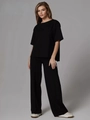 Women's casual solid black two-piece set with round neck top and wide-leg pants - S / Black