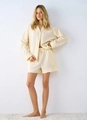 Women's cream loungewear set featuring striped long sleeve shirt and drawstring shorts - L / Apricot