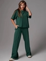Women's casual deep green two-piece lounge set with short sleeve top and wide leg pants - S / Dark Green