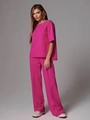 Women's two-piece rose red casual set featuring round neck top and wide-leg trousers - S / Rose Red