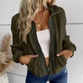 Women's deep olive green sherpa fleece zip-up jacket with ribbed cuffs and collar - S / Army Green