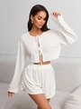 White long sleeve cardigan and shorts set in breathable fabric for casual lounging - S / White