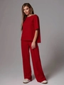 Women's casual deep red two-piece set with short sleeve round neck top and wide-leg trousers - S / Red