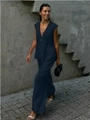 Deep V-neck sleeveless top and wide-leg trousers set in dark navy blue cotton fabric - S / Top And Bottom / Navy Blue
