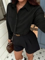 Elegante schwarze Langarmbluse mit Brusttasche für Damen in modischem Streetstyle-Look - S / Schwarz