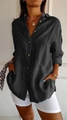 Camisa plisada gris oscuro de manga larga para mujer con botones y bolsillos laterales - S / Tops / Negro