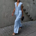 Women's light blue cotton v-neck sleeveless top and wide-leg trousers two-piece set - Sky Blue