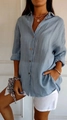 Camisa de lino y algodón azul claro con botones, solapa plisada y mangas remangadas - 3XL / Tops / Azul cielo