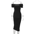 Schulterfreies schwarzes figurbetontes Kleid mit Mesh-Ausschnitt in Midi-Länge für Damen - S / Schwarz