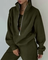 Dettaglio completo di set in pile oliva scuro con mezza zip e polsini a coste morbidi - 2XL / Top E Pantaloni / Verde militare
