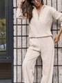 Women's casual two-piece lounge set with half-zip top and wide-leg trousers in beige - S / Off White