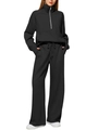 Women's black two-piece tracksuit with half-zip sweatshirt and wide-leg drawstring pants - Black