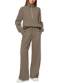 Women's 2-piece casual loungewear set with half-zip sweatshirt and wide-leg pants in khaki - Dark Khaki