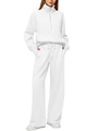 Women's white casual two-piece tracksuit set with half-zip sweatshirt and wide-leg pants - White