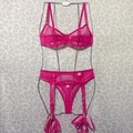 Detailed view of the hot pink sheer mesh lingerie set with bra, garter belt and thong - Rose Red