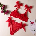 Completo intimo rosso in mesh trasparente con grandi fiocchi in tulle e ferretto - S / Rosso