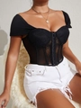 Sleeveless black lace mesh bustier top with front metal buckle and boning structure - S / Black