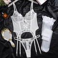 Conjunto de lencería sexy de encaje blanco con bordado de flores, corsé y medias - S / Blanco