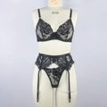 Ensemble lingerie 3 pièces en dentelle florale noire avec soutien-gorge à armatures - S / Noir