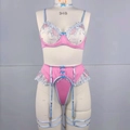 Detail of pink and blue lace lingerie set with floral embroidery and satin bows - S / Pale Blue