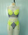 Lingerie-set van neongeel en paars kant met zilveren kettingen en een decoratieve strik - S / Fluorescerend Groen