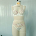 Detail van wit mesh lingeriesetje met roze bloemenborduurwerk en beugelondersteuning - S / Wit