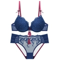 Set reggiseno in pizzo blu scuro con ricami floreali e nappe rosse decorative - 70C / Blu