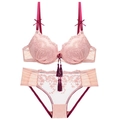 Pink lace lingerie set with floral embroidery and elegant deep red tassels - 70C / Shrimp Pink
