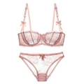 Pink floral lace lingerie set with half-cup underwired bra and bow-tied panties - Pink