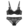 Elegantes schwarzes Spitzen-Dessous-Set mit Push-up-BH und passendem Slip mit Schleifen - Schwarz / 80A