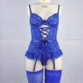Set lingerie tre pezzi blu reale con body stringato e calze abbinate in pizzo elegante - S / Blu