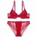 Elegant red floral lace lingerie set with push-up underwire bra and matching panty - 70A / Red