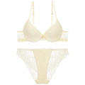 Elegantes hellgelbes Blumen-Spitzen-Lingerie-Set mit Push-Up-BH und passendem Slip - Beige