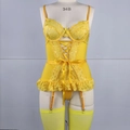 Set lingerie sexy giallo in 3 pezzi con pizzo, corsetto, reggicalze e calze velate - S / Giallo