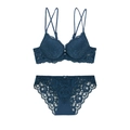 Conjunto de sujetador push-up de encaje francés azul oscuro con motivos florales - 70A / Verde