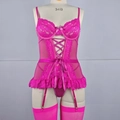 Set lingerie tre pezzi rosso rosa con body in pizzo stringato e calze abbinate - S / Rosa Rossa