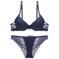 Lace push-up lingerie set in dark blue featuring floral patterns and matching panties - 70A / Blue