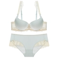 Sweet mint green lace lingerie set with push-up bra and matching bow panties - Light Blue