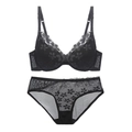 Elegantes Set aus schwarzer Blumen-Spitze mit 3/4-Cup-BH und passendem Slip aus Tüll - 70A / Schwarz