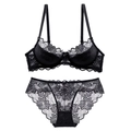 Elegante set di lingerie in pizzo nero con reggiseno floreale e slip coordinati - Nero / 40d=90d=xxl