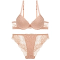 Elegant beige lace lingerie set featuring a push-up bra and matching lace panties - 70A / Nude