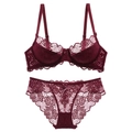 Deep red lace lingerie set featuring an underwire bra and matching panties with floral patterns - Burgundy