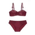 Exquisite wine red lace lingerie set with underwire bra and matching panty in flat lay - Burgundy