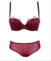 Completo intimo bordeaux push-up in raso e pizzo con dettagli in mesh - Borgogna / 70B