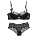 Elegante conjunto de lencería de encaje negro con flores y detalles de lazos - 70A / Negro
