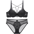 Ensemble soutien-gorge push-up en dentelle française noire avec motifs floraux - 70A / Haut Et Bas / Noir