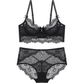 Completo intimo in pizzo nero con reggiseno a mezza coppa e slip in mesh abbinati - 70A / Nero