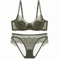 Lace bra and panty set in olive green featuring delicate eyelash lace and mesh - 70B / Top And Bottom / Army Green